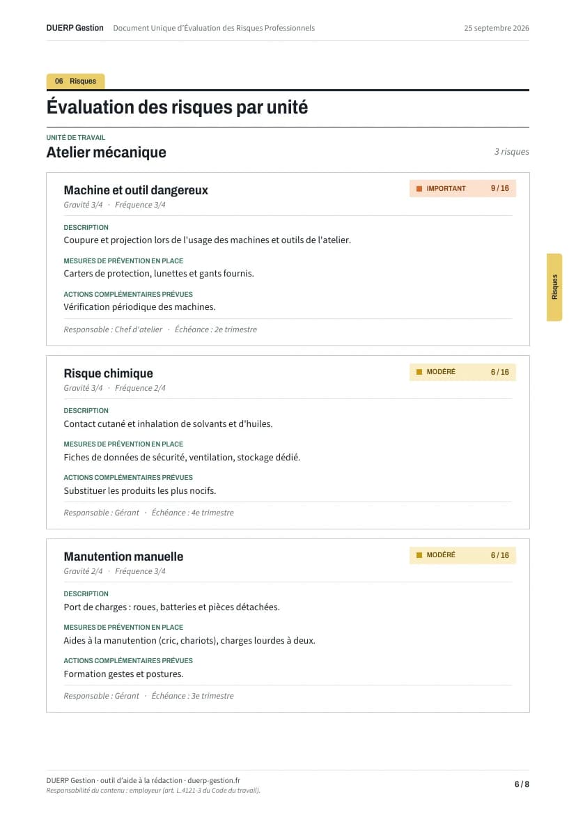 Page « Évaluation des risques par unité » du même document : risques cotés gravité × fréquence, mesures en place et actions prévues.