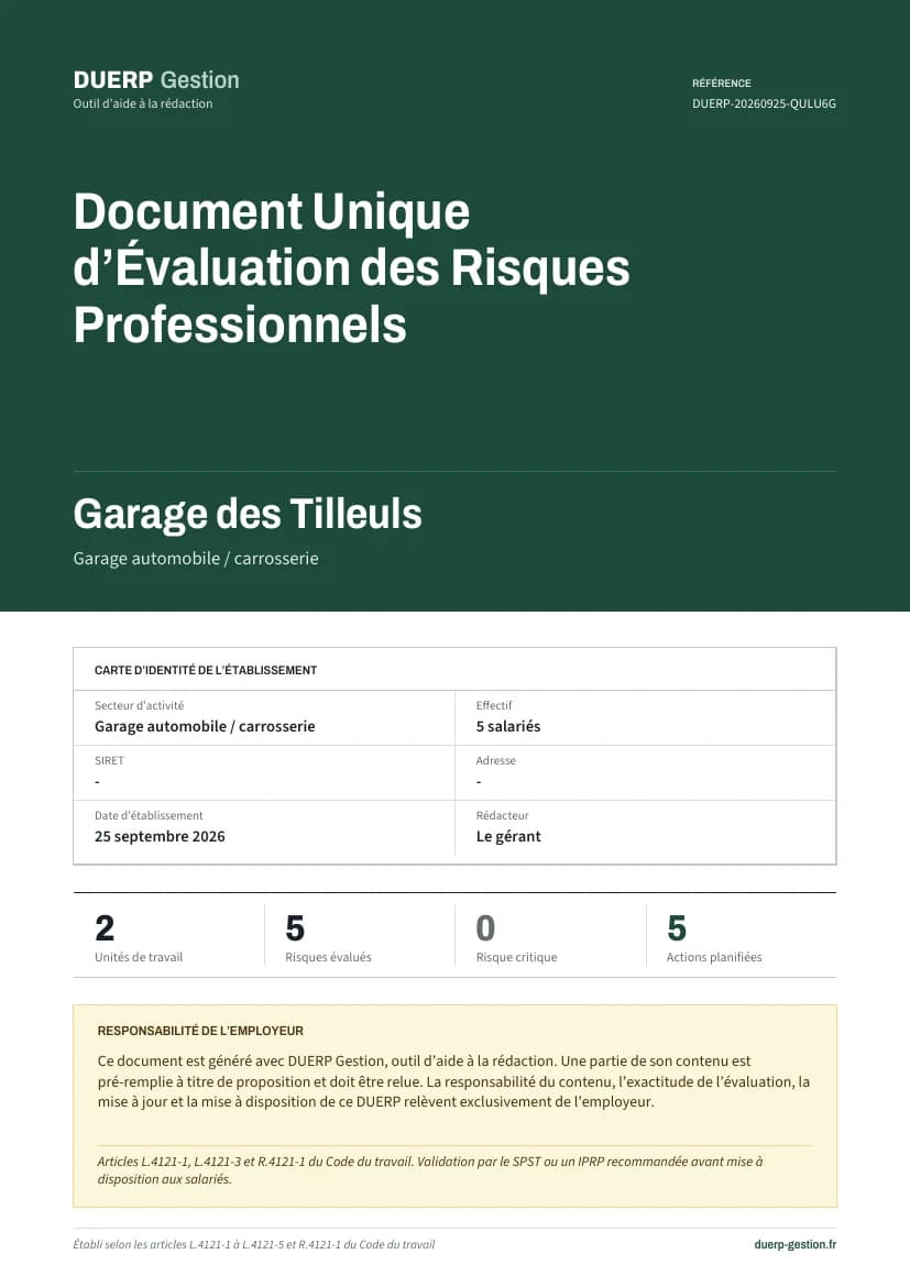 Page de garde du DUERP d'un garage fictif : identité de l'établissement, nombre d'unités de travail, de risques et d'actions.